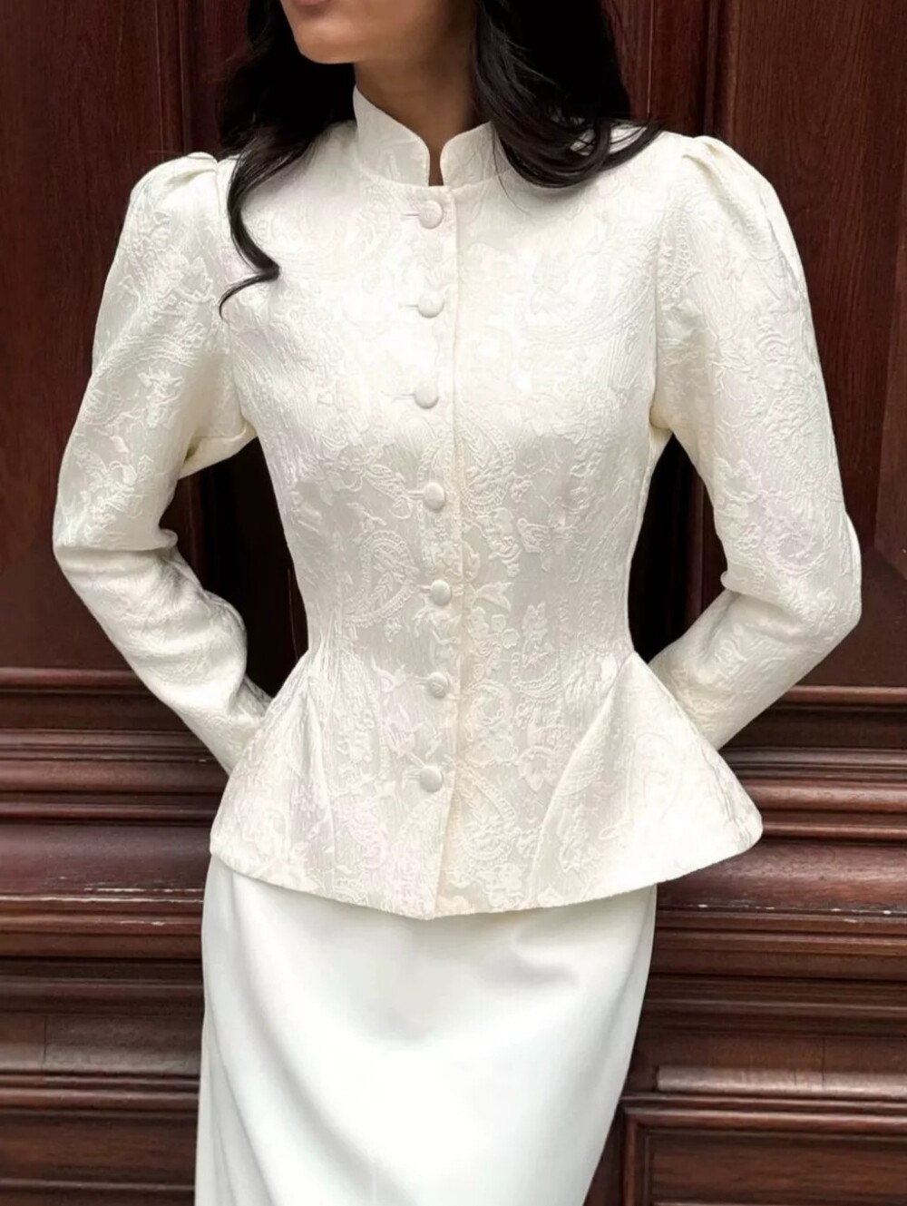 Jacquard Peplum Puff Sleeve Outerwear